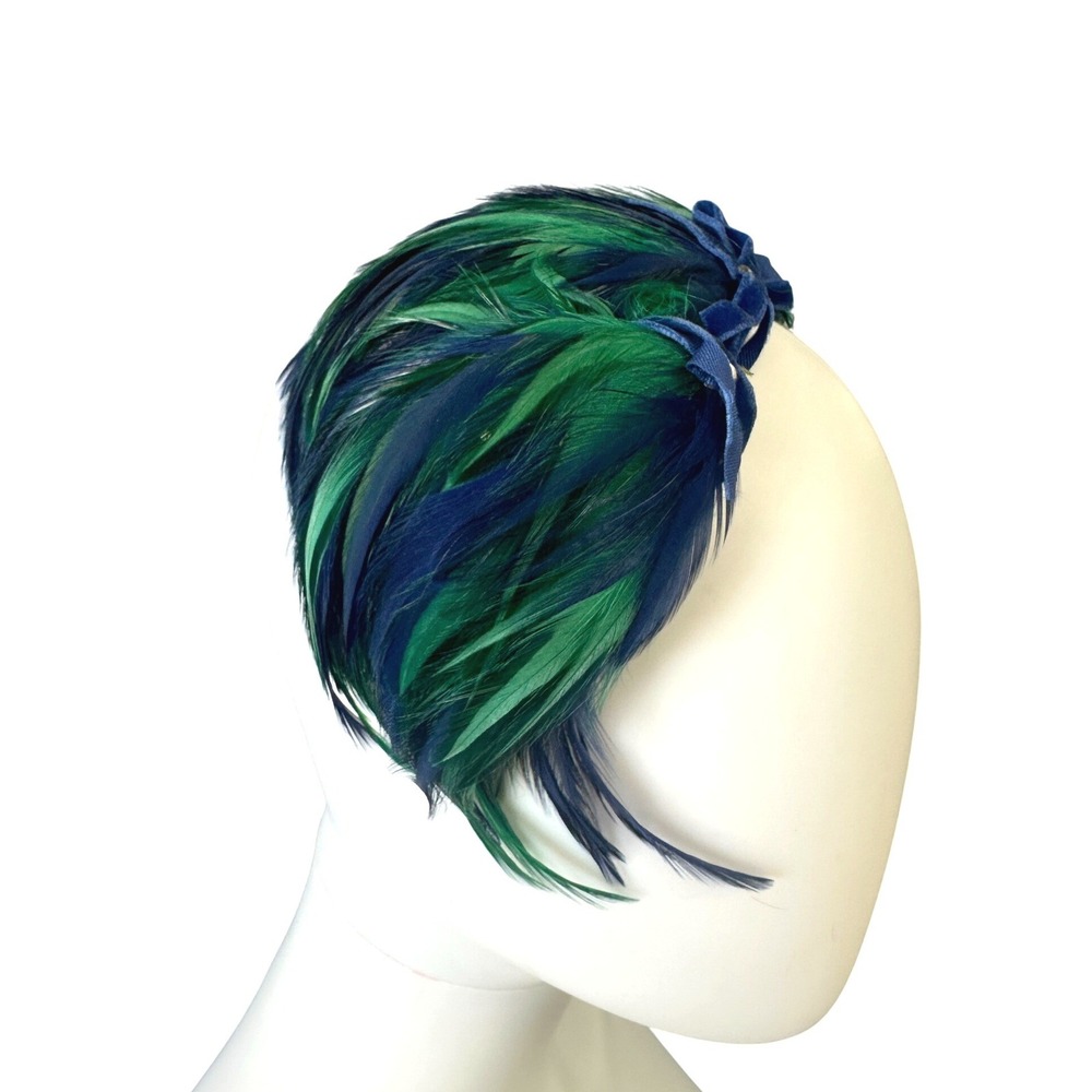 Vtg 50s 60s Feather Fascinator Headband Hat Green Peacock Blue Velvet Bows JS